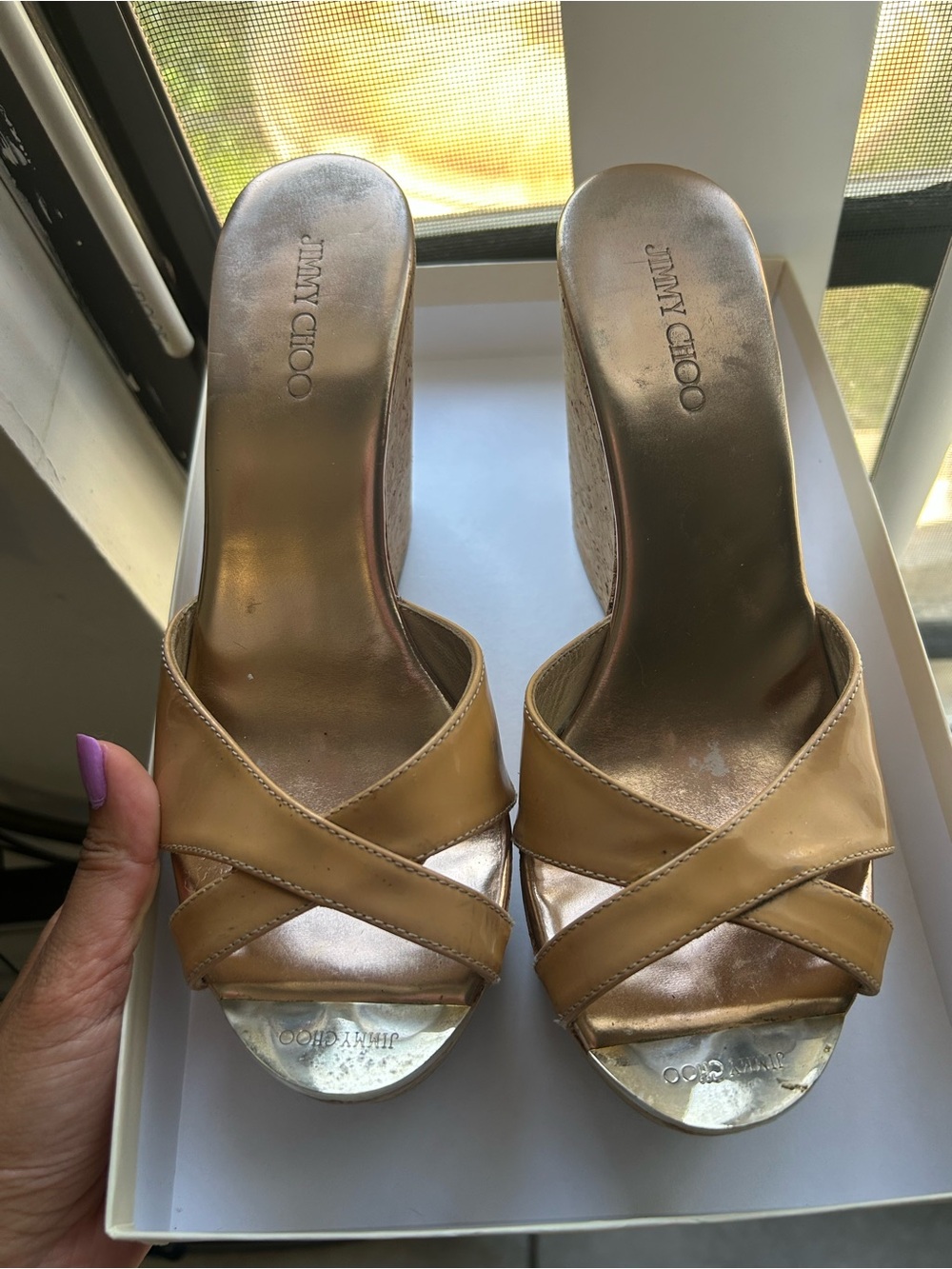 Jimmy Choo Perfume Patent Blush Cork Wedge Sandals Sz 38 ✨